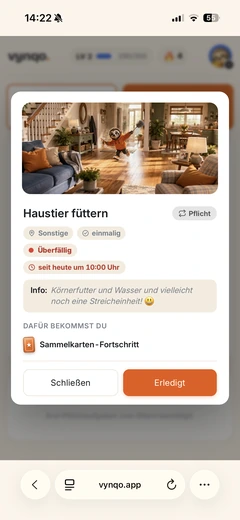 vynqo Aufgaben-Detail mit Belohnung und Sammelkarte