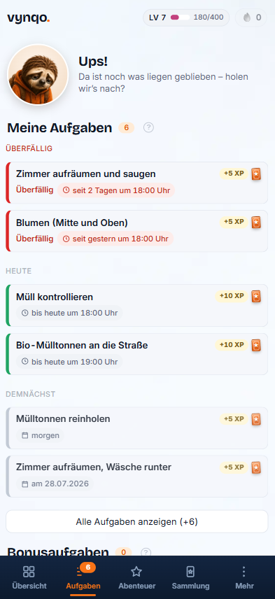 Tagesaufgaben in der vynqo Kinderansicht